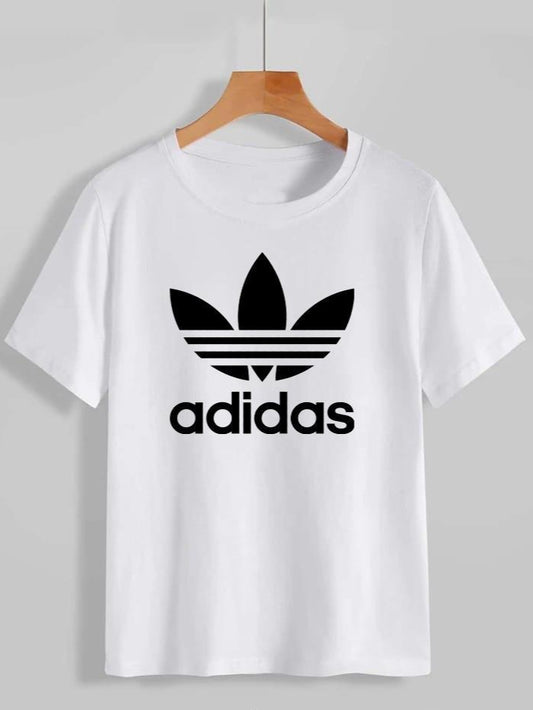 White t-shirt with Adidas logo on a gray background