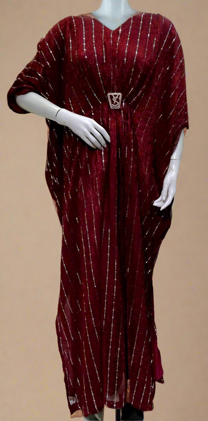Maroon dress with white stripes