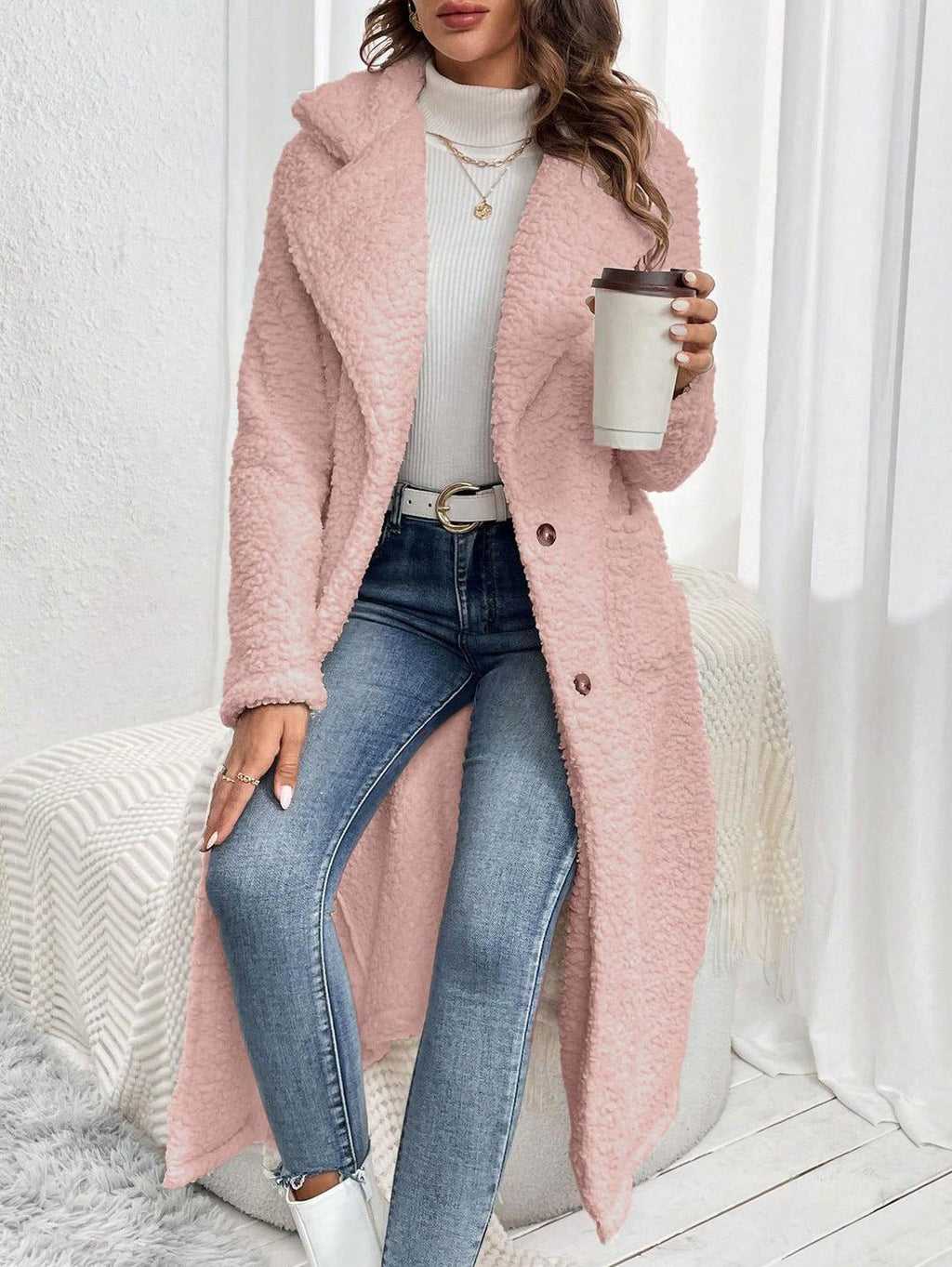 Women's Stylish Low Shoulder Double Pocket Teddy Bear Long Coat