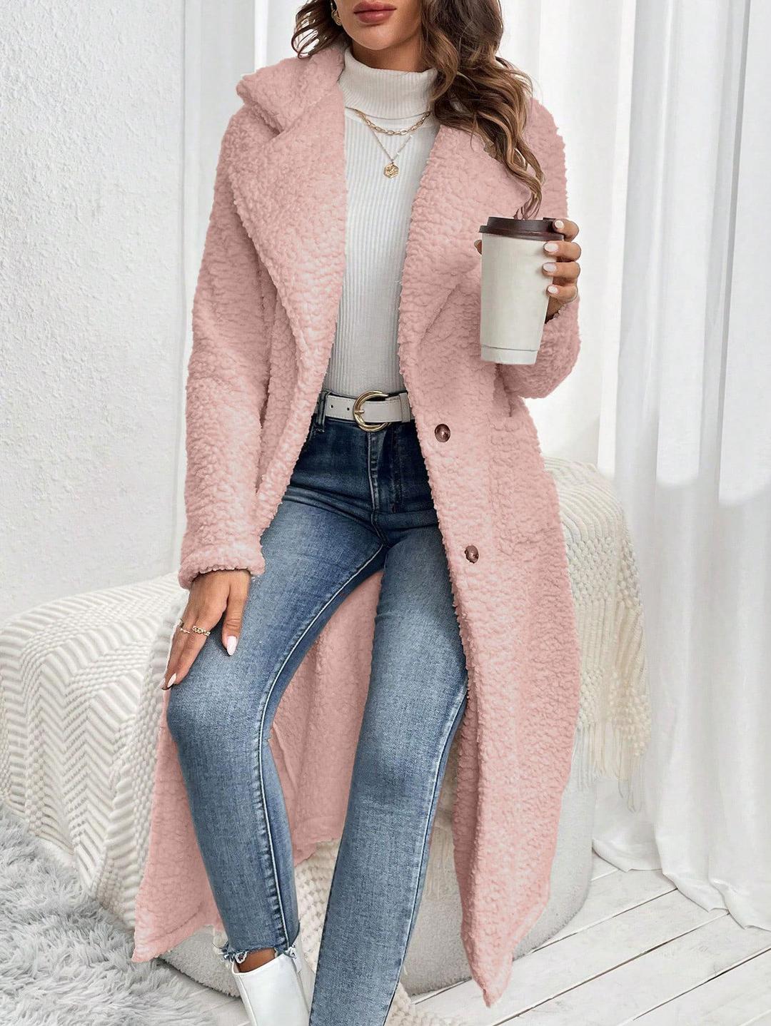Women's Stylish Low Shoulder Double Pocket Teddy Bear Long Coat