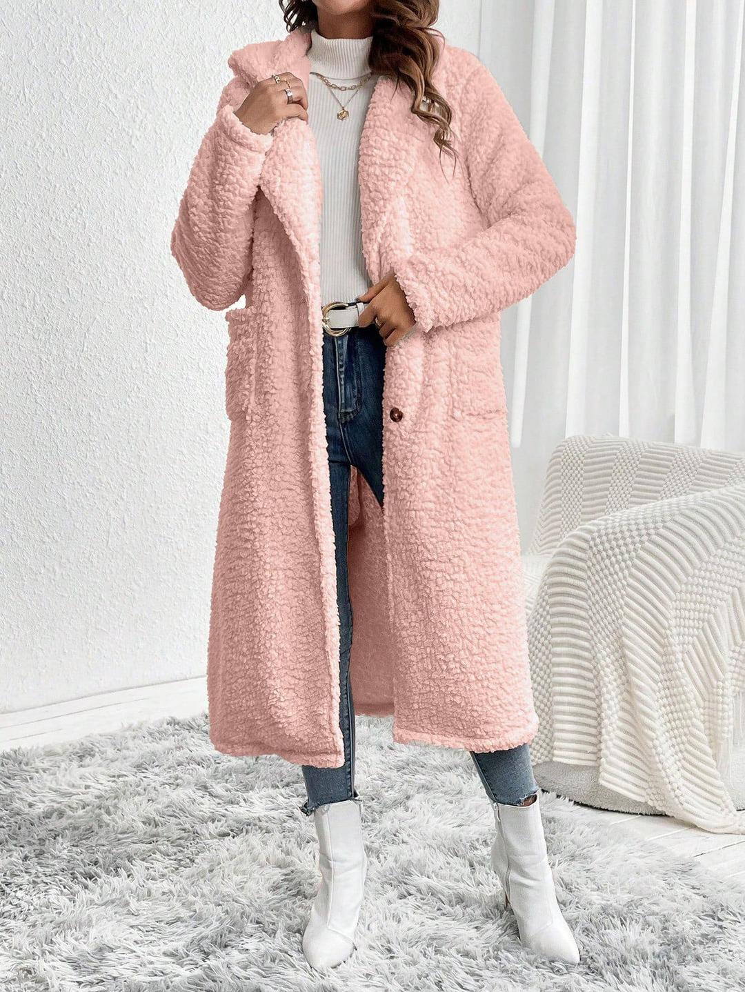 Women's Stylish Low Shoulder Double Pocket Teddy Bear Long Coat