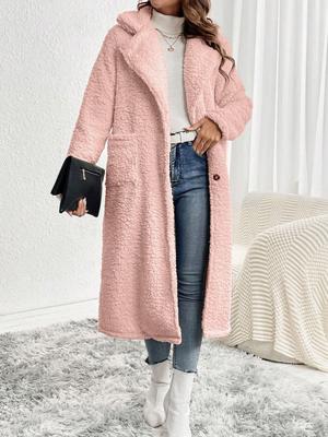 Women's Stylish Low Shoulder Double Pocket Teddy Bear Long Coat