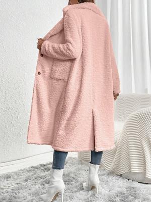Women's Stylish Low Shoulder Double Pocket Teddy Bear Long Coat
