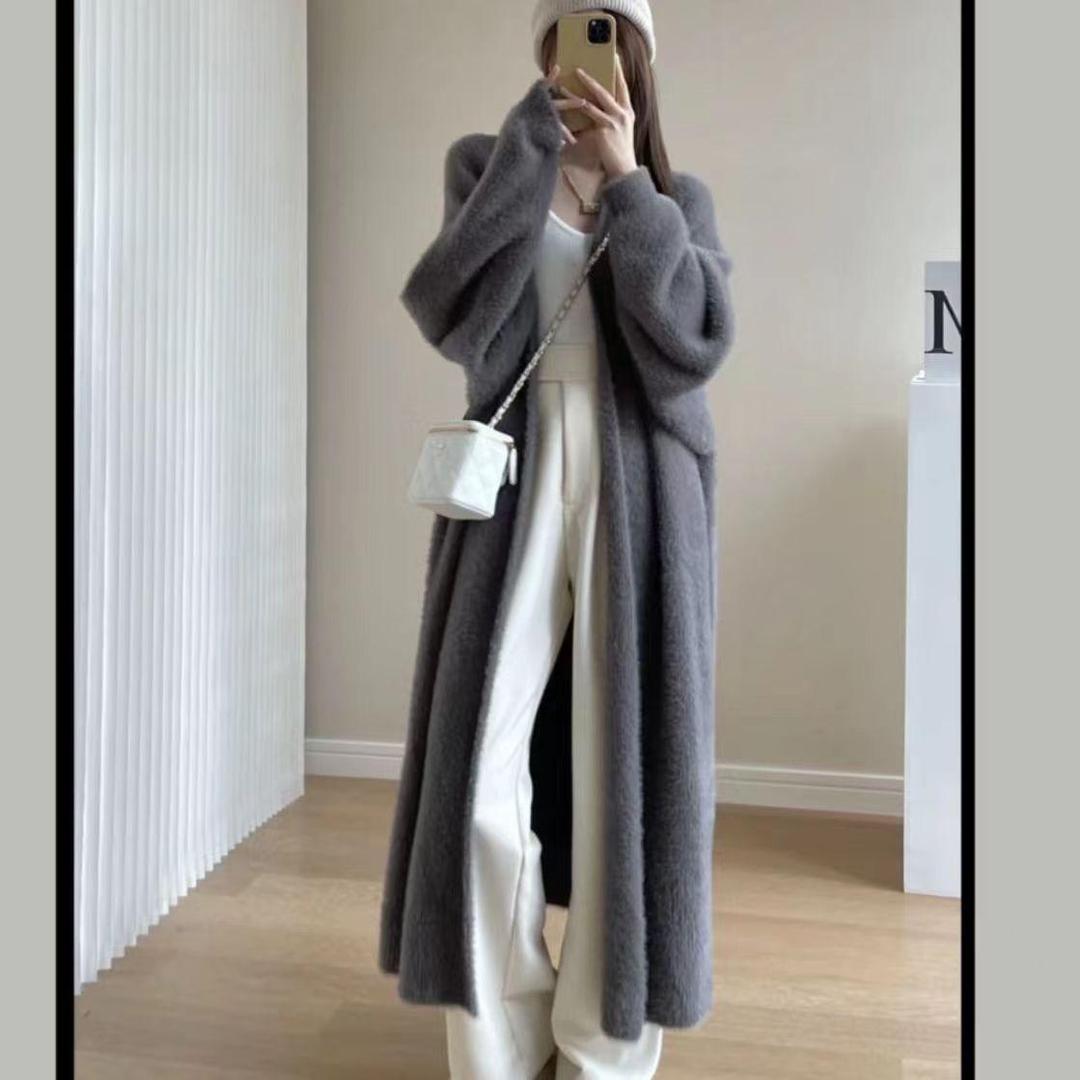 Women's Elegant Plain Wool Cardigan Long Coat – Mid-Length Loose Fit