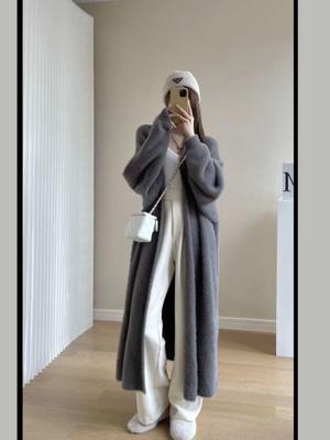 Women's Elegant Plain Wool Cardigan Long Coat – Mid-Length Loose Fit