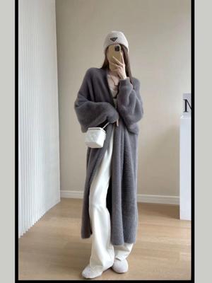 Women's Elegant Plain Wool Cardigan Long Coat – Mid-Length Loose Fit