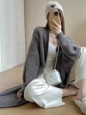 Women's Elegant Plain Wool Cardigan Long Coat – Mid-Length Loose Fit
