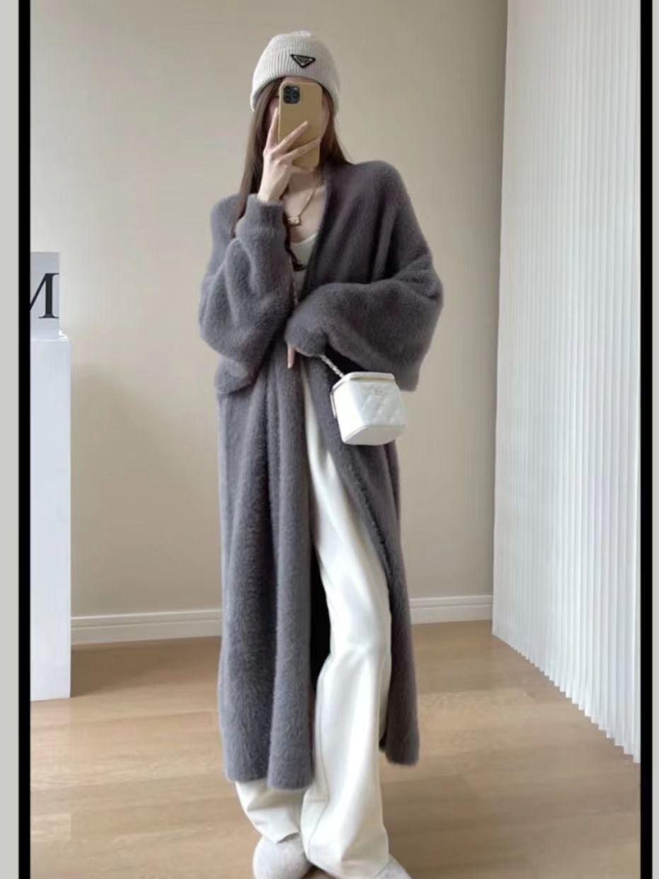 Women's Elegant Plain Wool Cardigan Long Coat – Mid-Length Loose Fit
