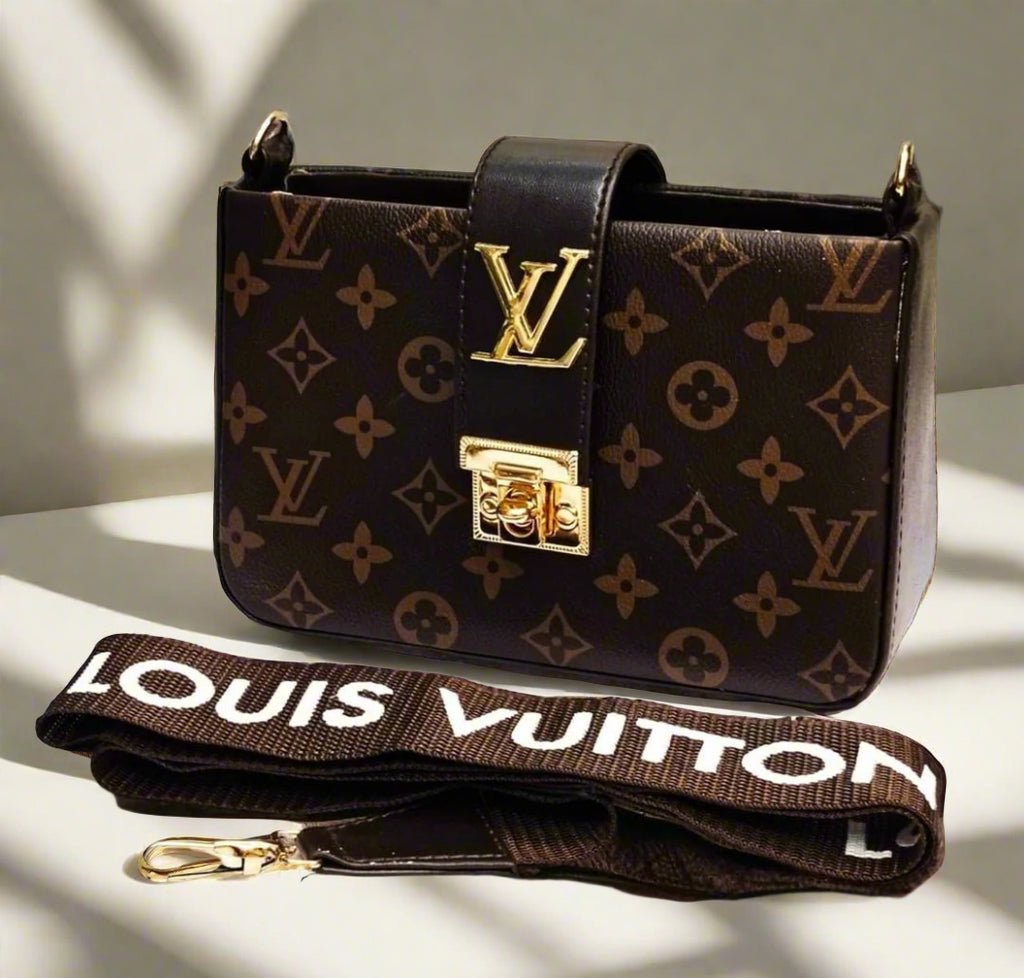 Louis Vuitton handbag with monogram pattern and gold hardware on a beige surface.