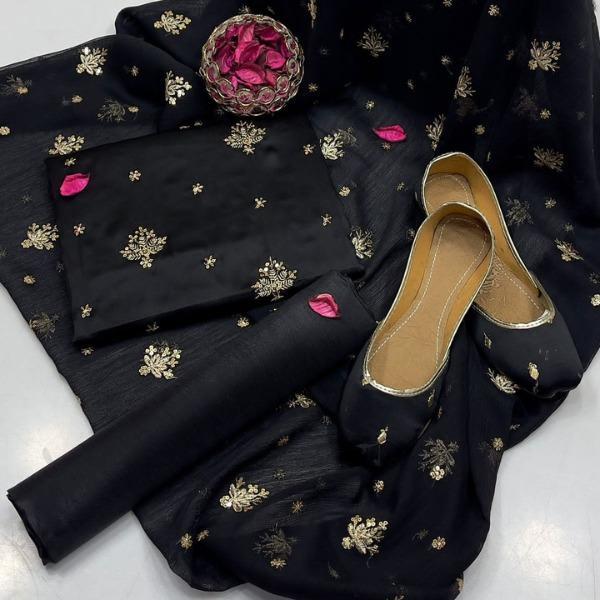 4 Pcs Women’s Unstitched Shamoz Silk Embroidered Fancy Dress