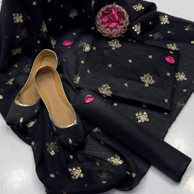 4 Pcs Women’s Unstitched Shamoz Silk Embroidered Fancy Dress