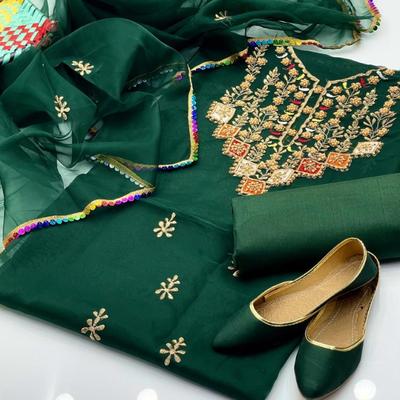 4 Pcs Women’s Unstitched Organza Embroidered Fancy Dress