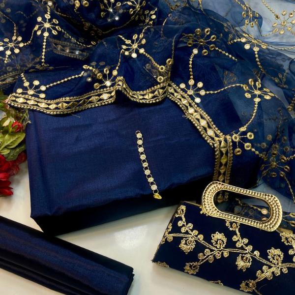 Women’s Unstitched Katan Silk Plain Fancy Dress with Clutch