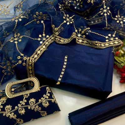 Women’s Unstitched Katan Silk Plain Fancy Dress with Clutch