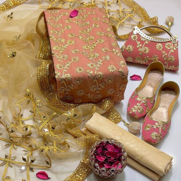 5 Pcs Women’s Unstitched Crinkle Chiffon Gota Work Fancy Dress with Clutch