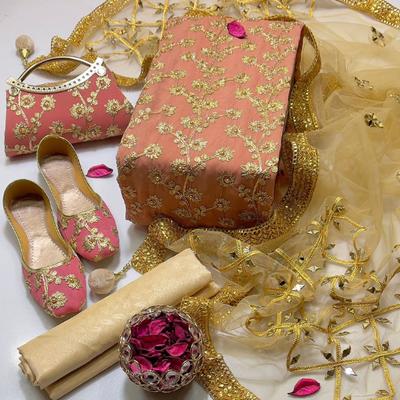 5 Pcs Women’s Unstitched Crinkle Chiffon Gota Work Fancy Dress with Clutch