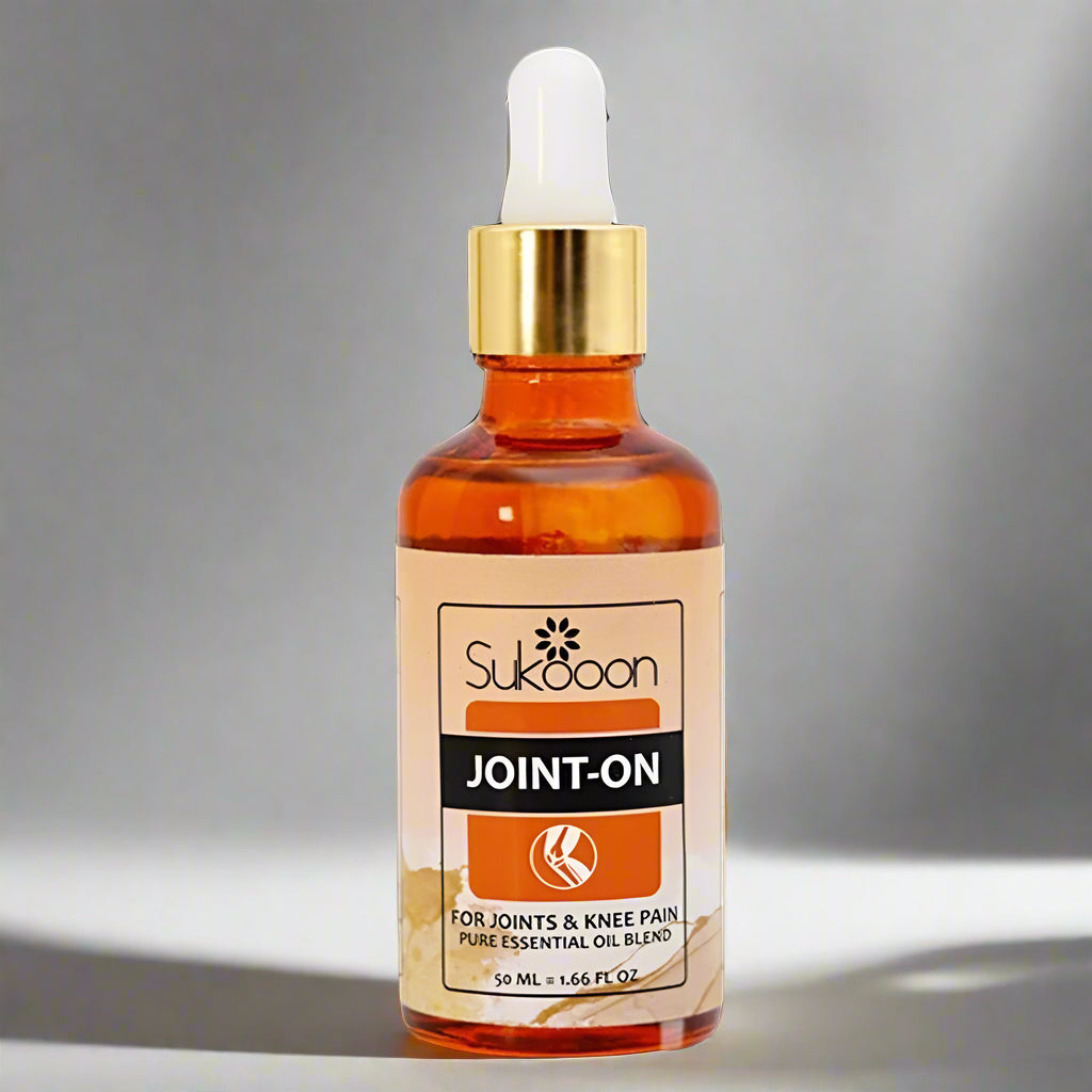 Sukoon Joint-On oil bottle with dropper on a gray background