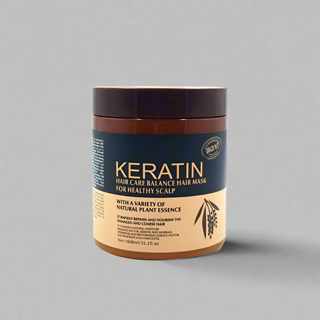 Keratin hair care balance hair mask jar on a gray background