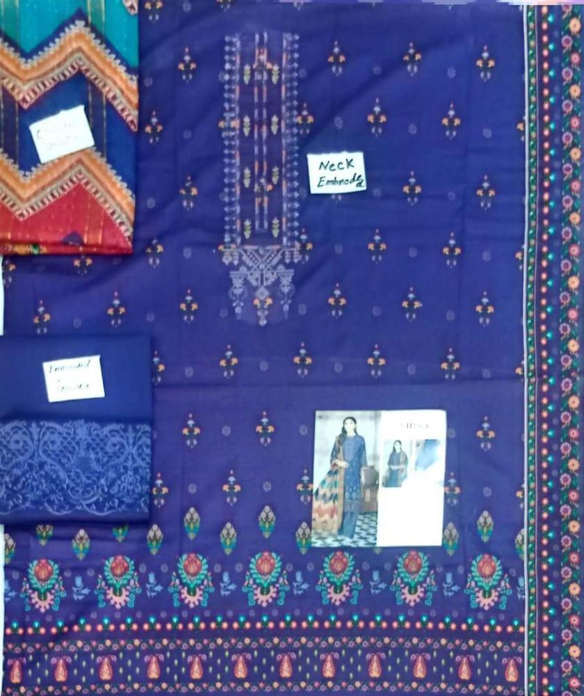 3 Pcs Women's Unstitched Lawn Embroidered Suit