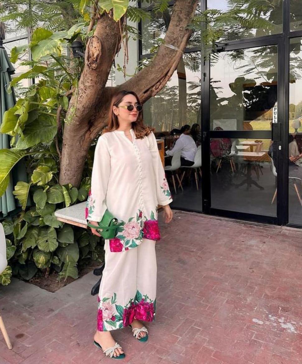 2 Pcs Women's Stitched Printed Silk Shirt and Trouser Set