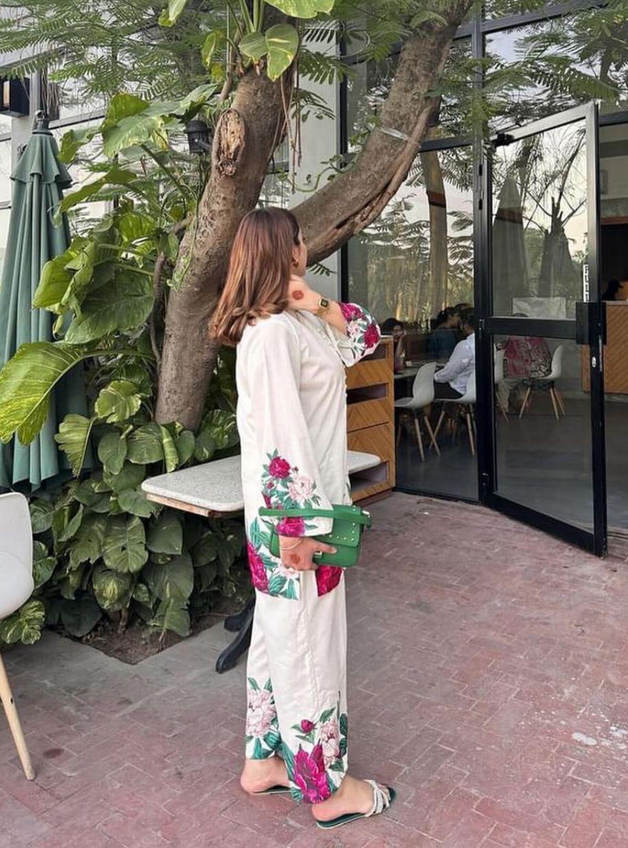 2 Pcs Women's Stitched Printed Silk Shirt and Trouser Set