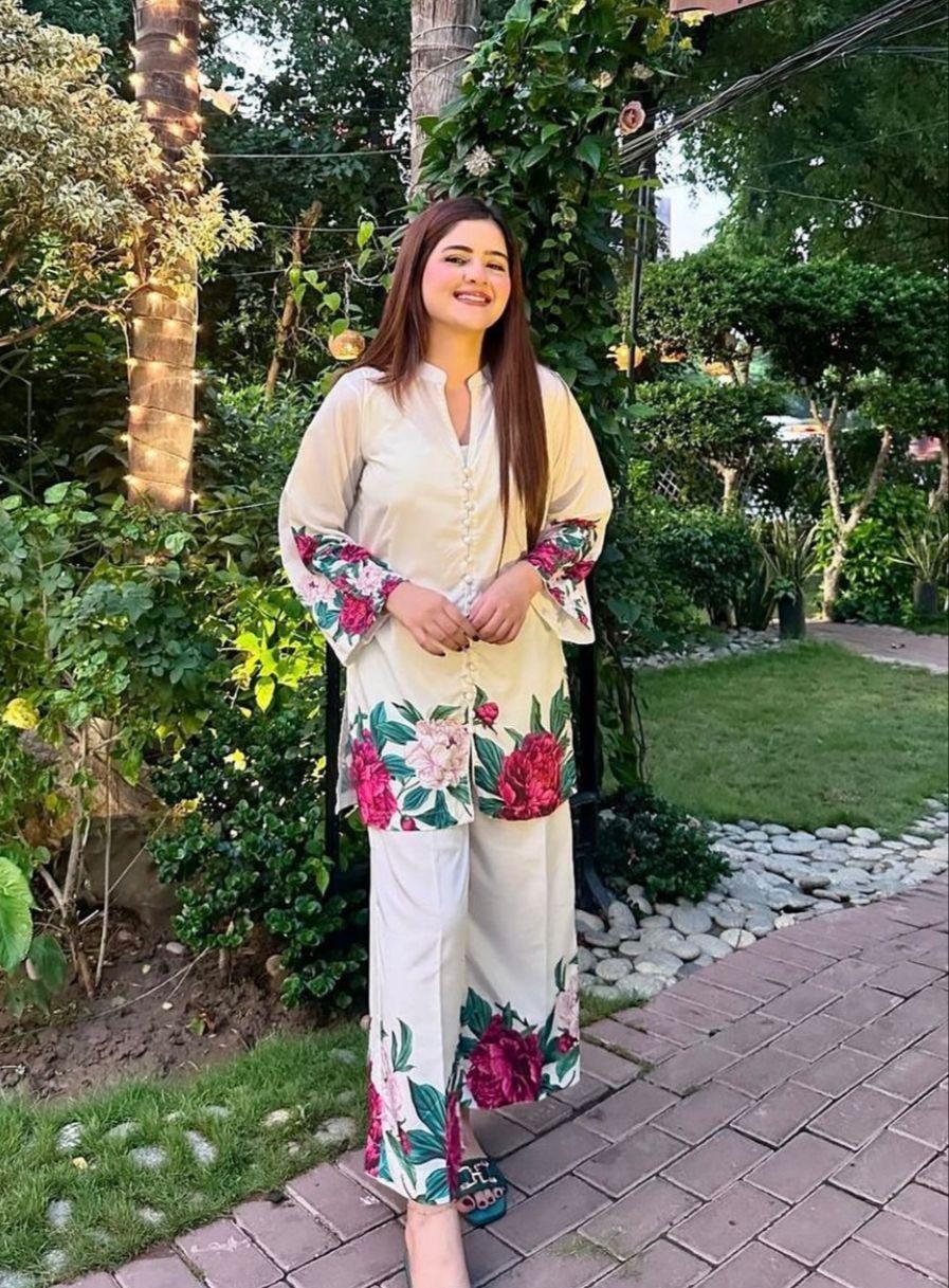 2 Pcs Women's Stitched Printed Silk Shirt and Trouser Set