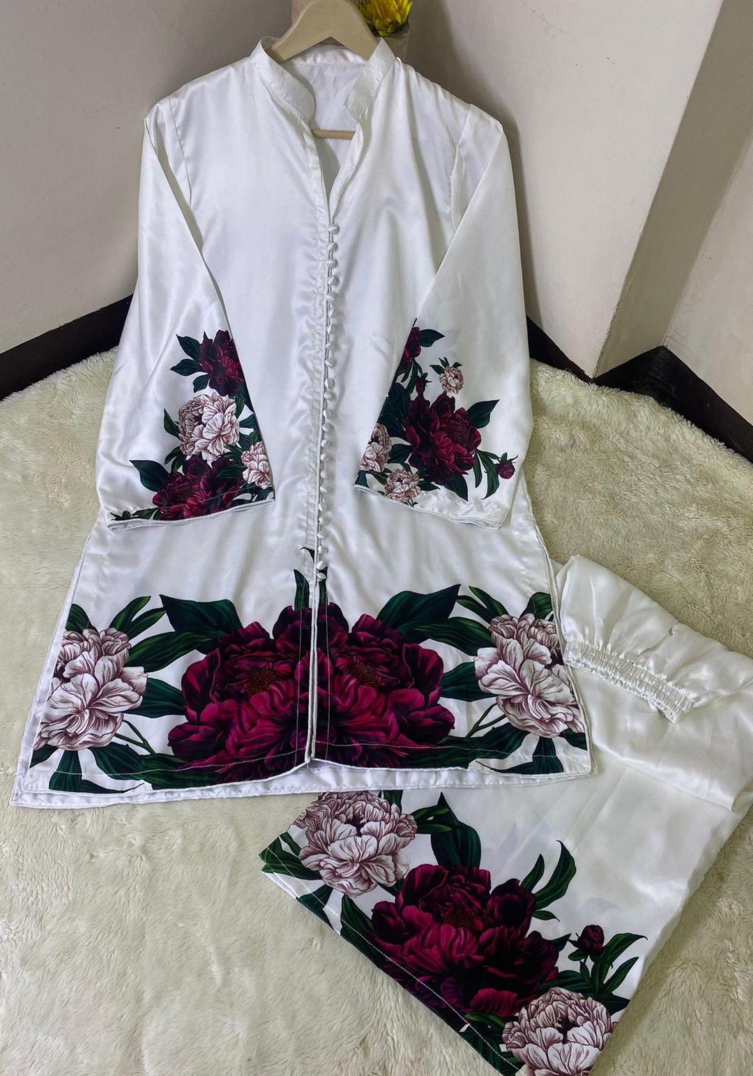 2 Pcs Women's Stitched Printed Silk Shirt and Trouser Set