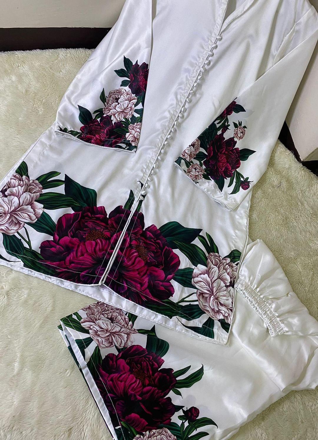 2 Pcs Women's Stitched Printed Silk Shirt and Trouser Set
