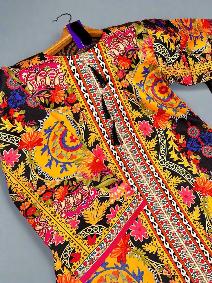 Colorful traditional garment with intricate patterns on a grey background