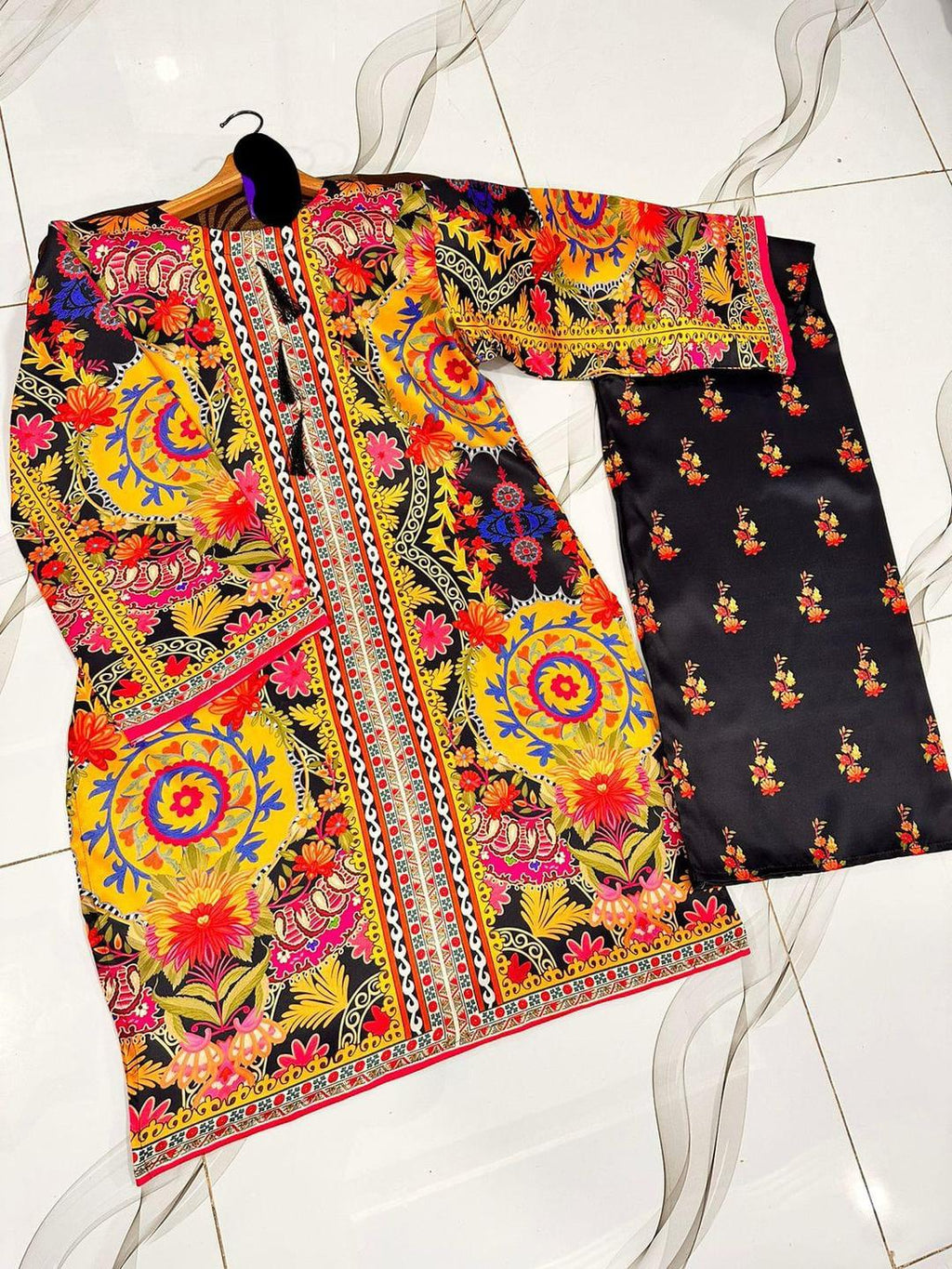 Women's Stitched 2 Pcs Silk Printed Shirt and Trouser Set