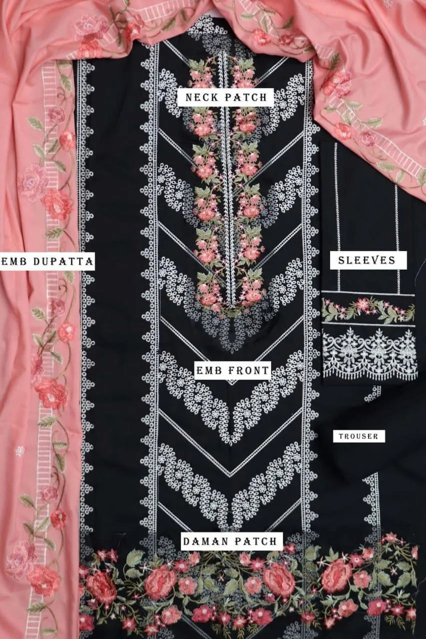 3 Pcs Women's Unstitched Black Dhanak Suit