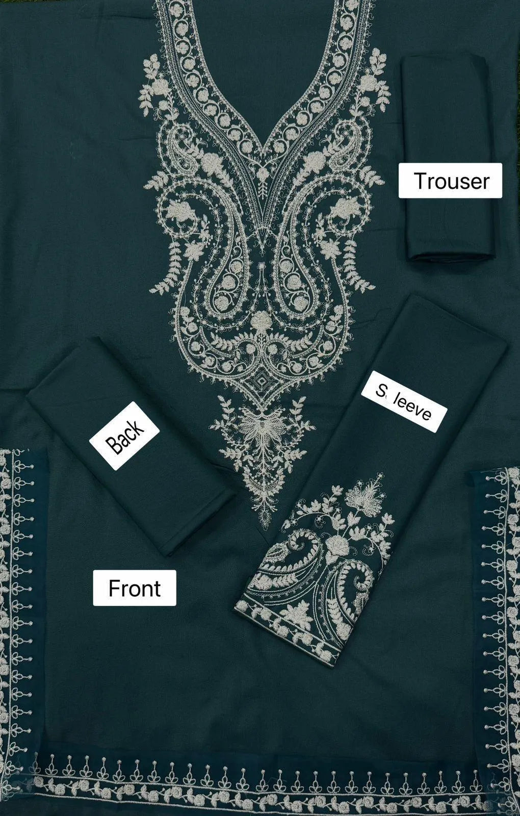 Dark green embroidered fabric with labels indicating front, back, sleeve, and trouser sections.