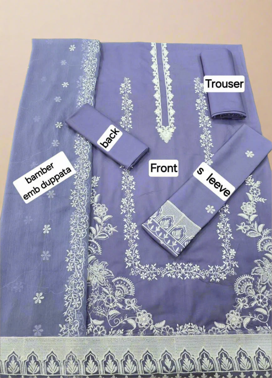 Purple embroidered outfit with labeled parts on a beige background