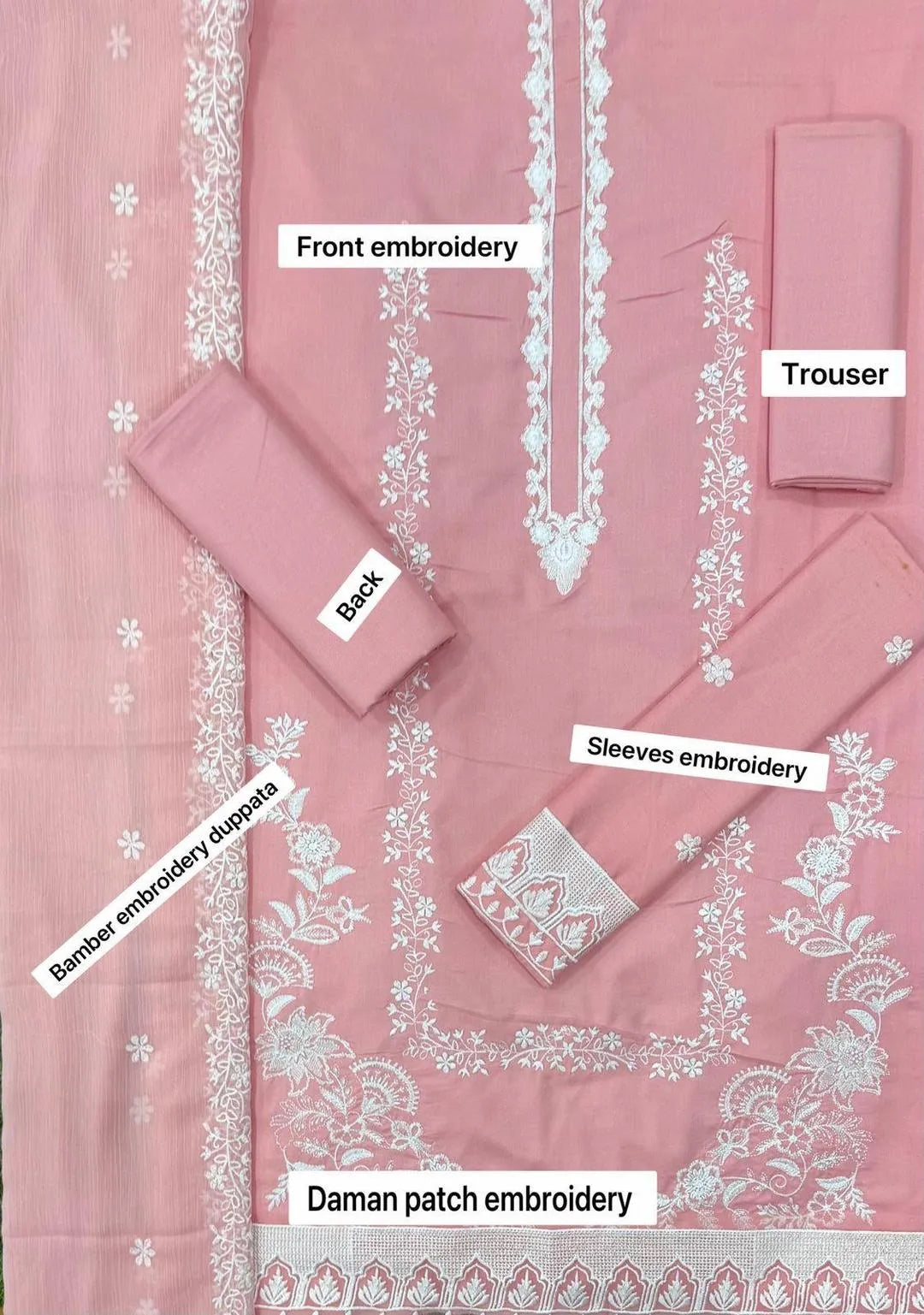3 Pcs Women's Unstitched Peach Embroidered Suit