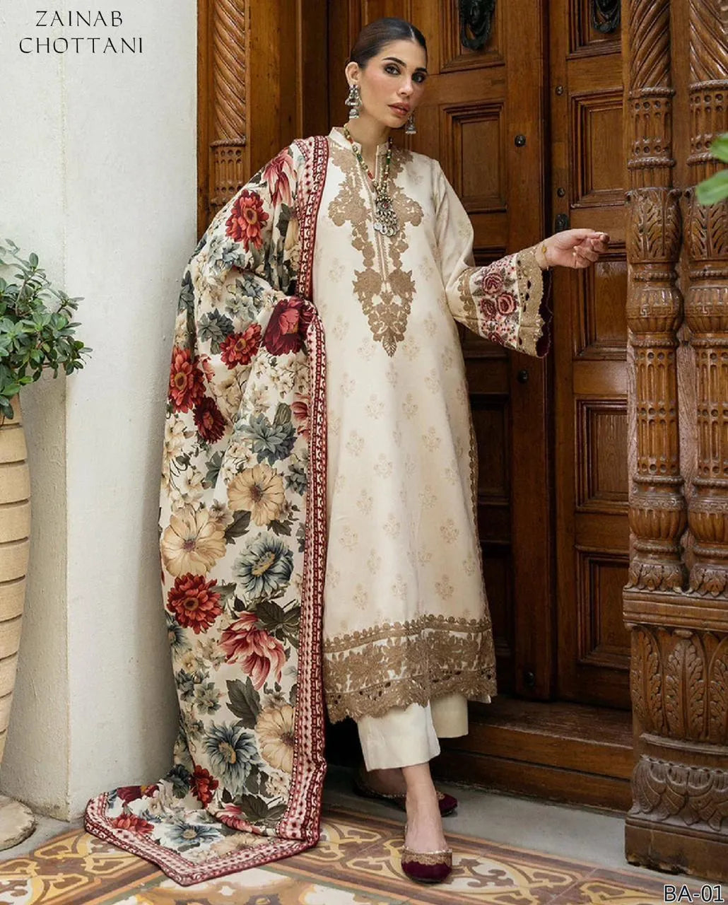 2 Pcs Women's Unstitched Off White Embroidered Dhanak Suit
