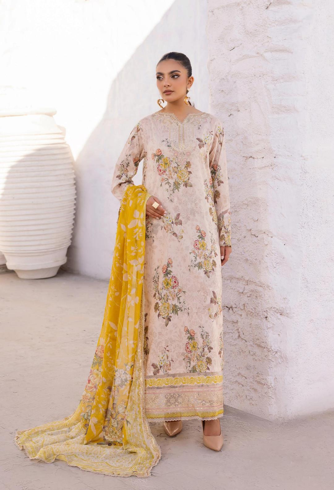3 Pcs Women's Unstitched Peach Lawn Suit