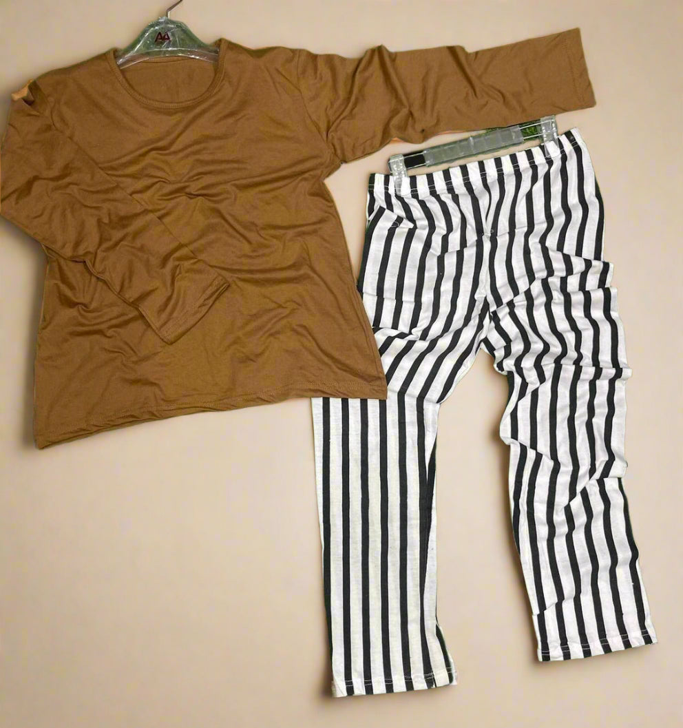 Brown long-sleeve shirt and black and white striped pants
