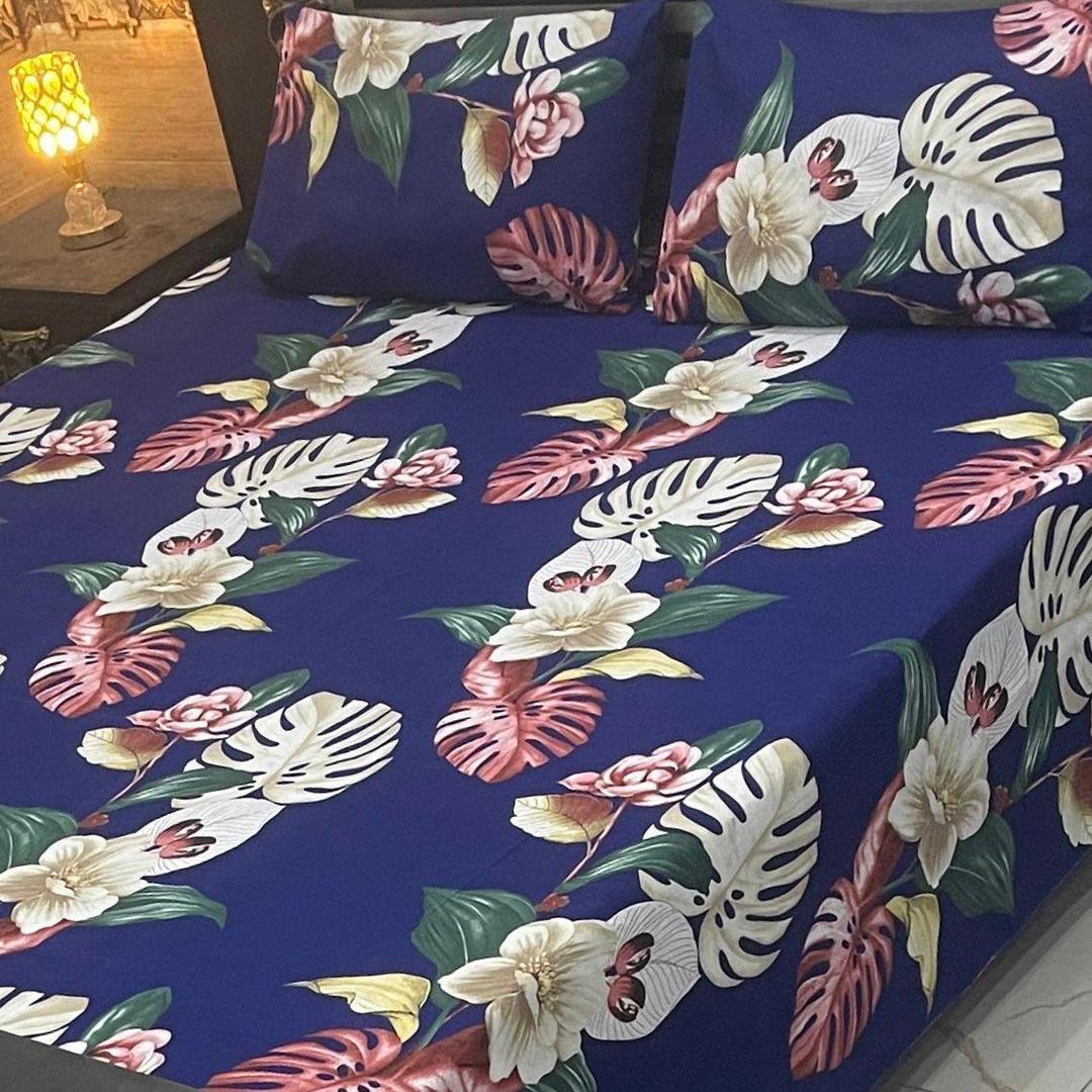 3 Pcs Crystal Cotton Printed Double Bedsheet