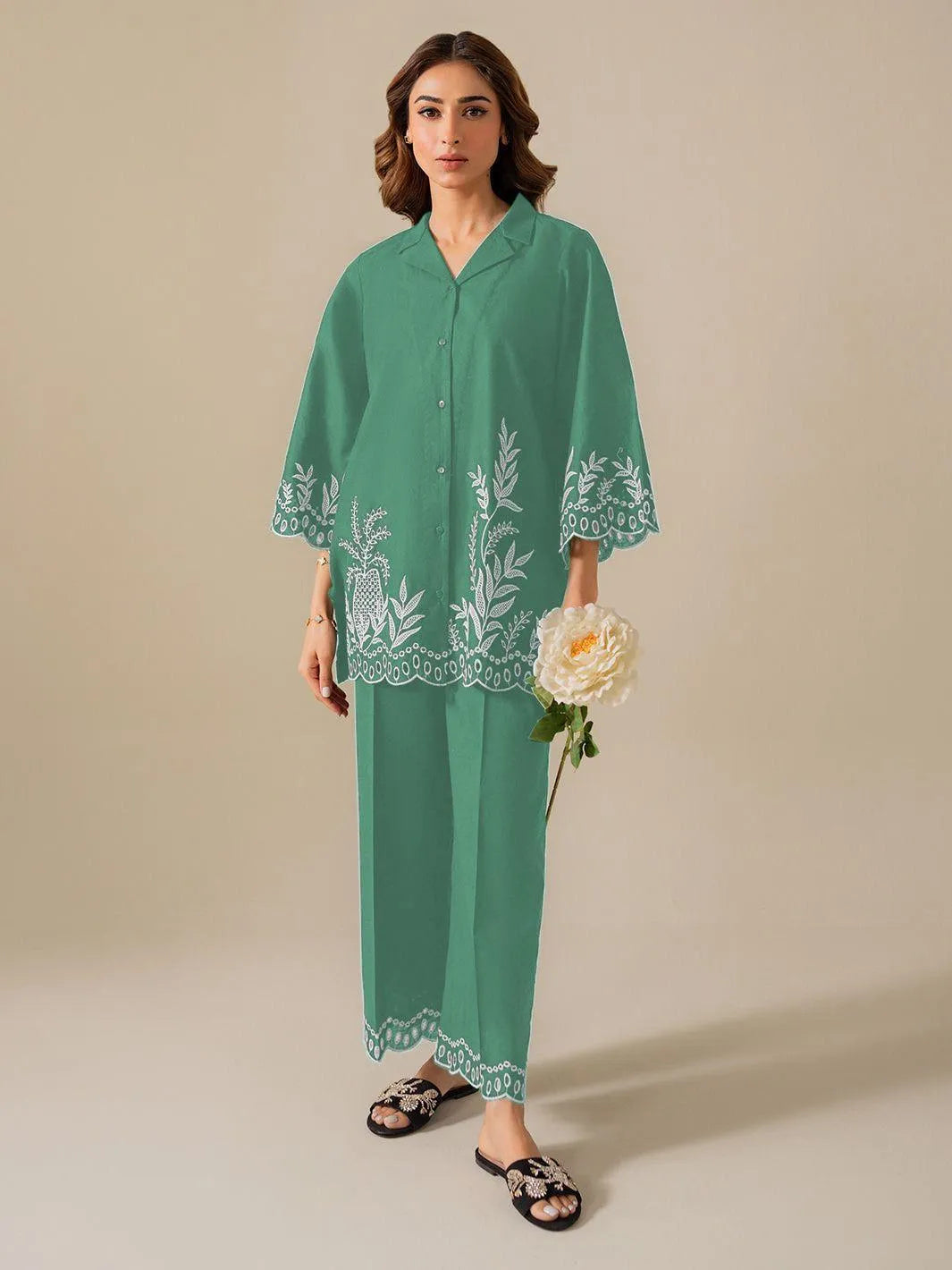 2 Pcs Women's Stitched Cotton Embroidered Shirt and Trouser Set