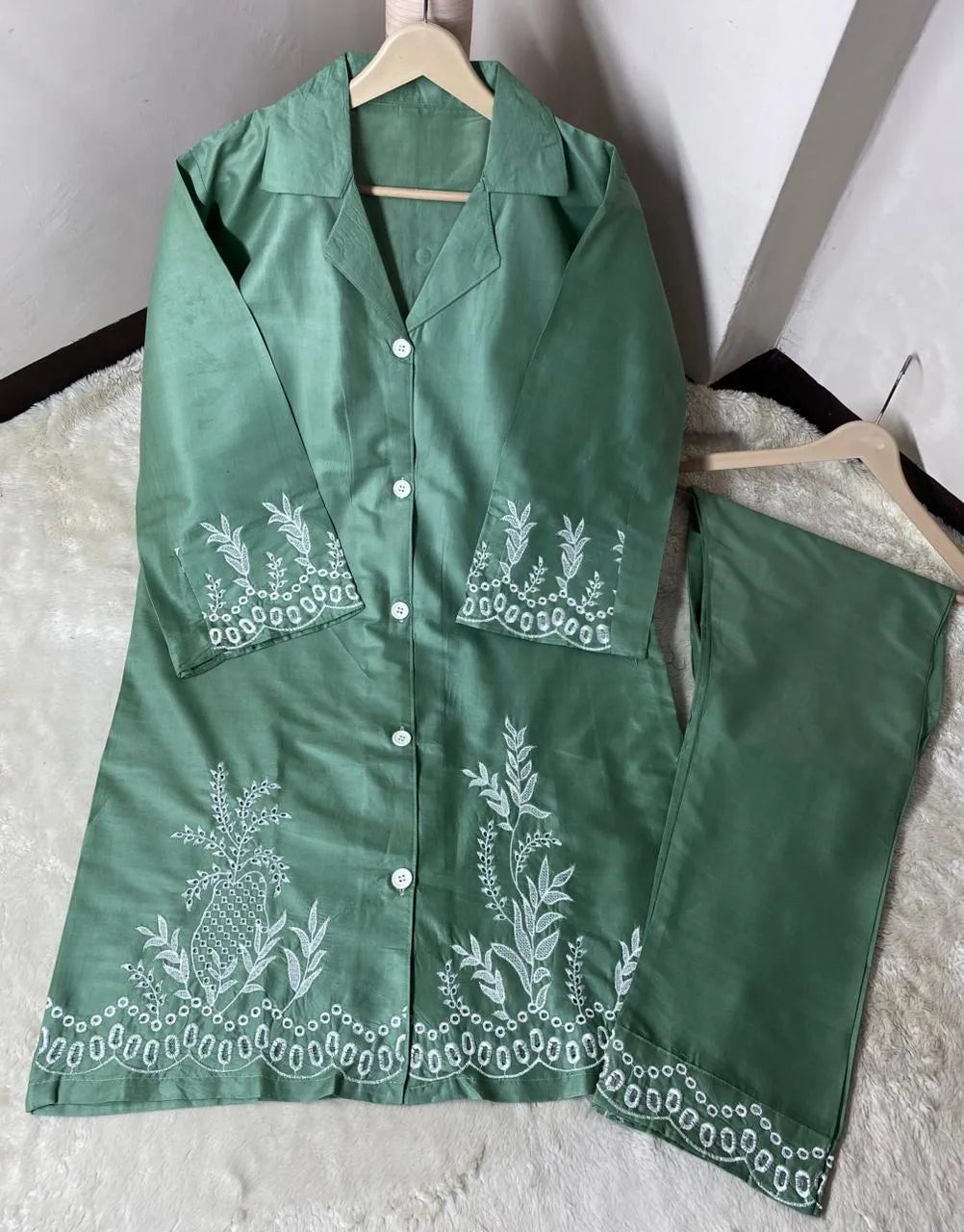 2 Pcs Women's Stitched Cotton Embroidered Shirt and Trouser Set