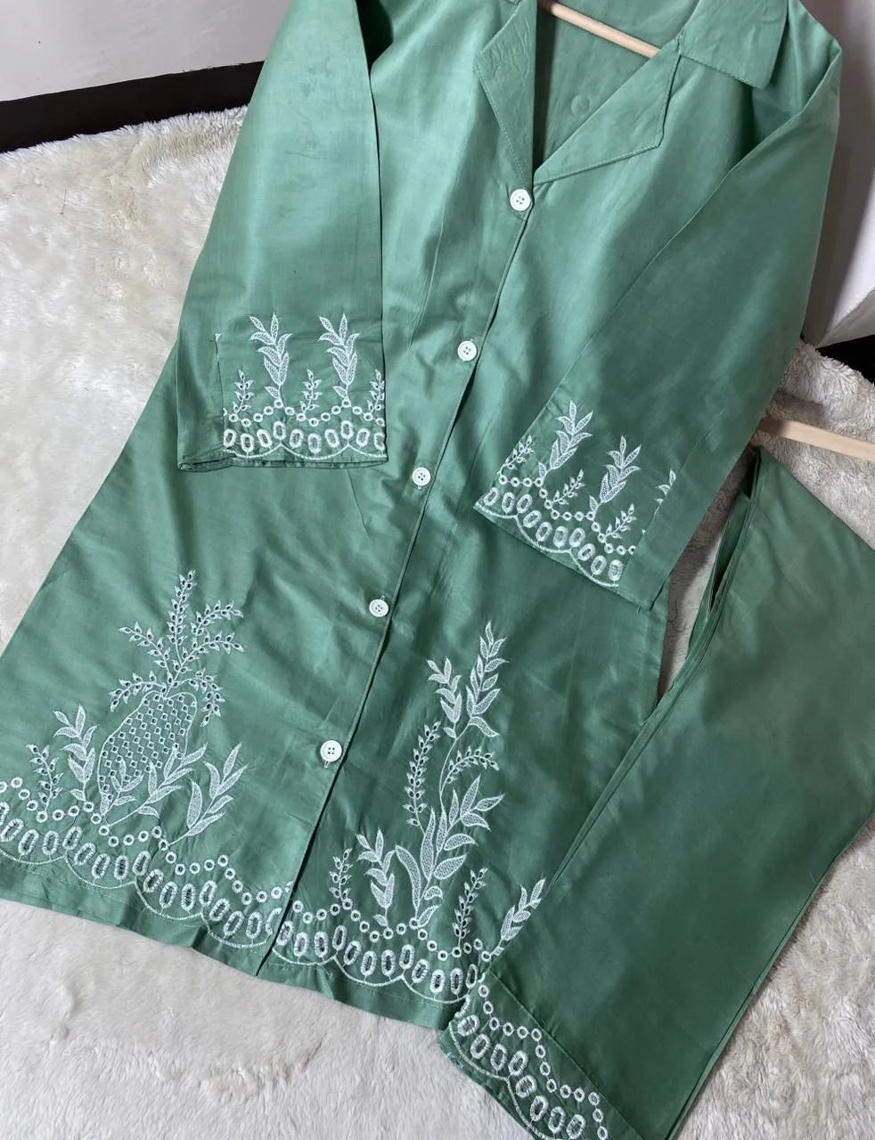 2 Pcs Women's Stitched Cotton Embroidered Shirt and Trouser Set