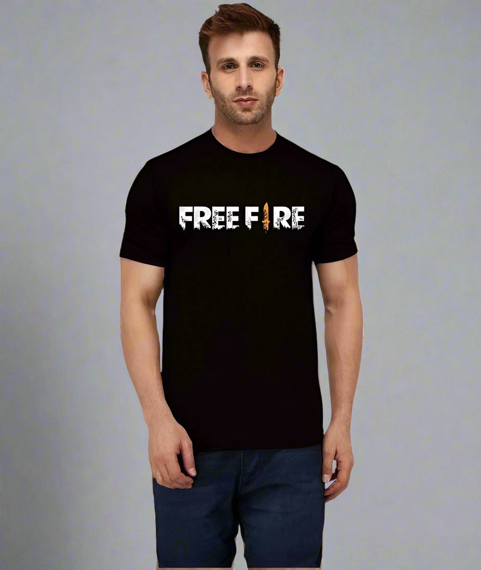 Man wearing a black t-shirt with 'FREE FIRE' text on a grey background