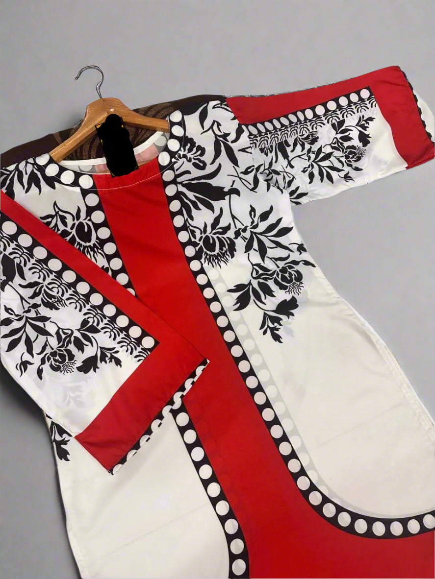 Red, white, and black traditional outfit on a hanger
