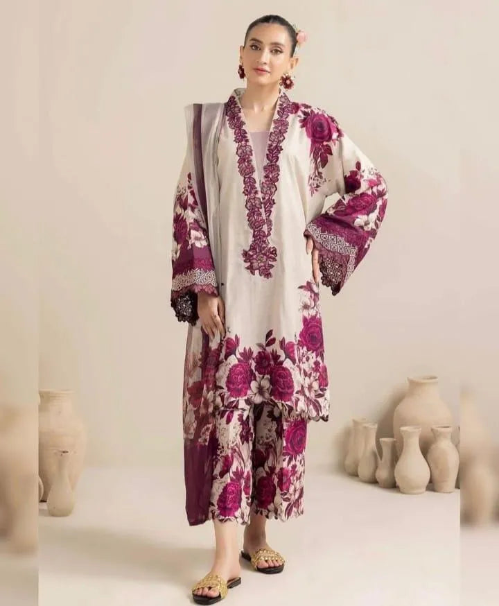2 Pcs Women's Stitched Swiss Lawn Printed Shirt & Trouser Set