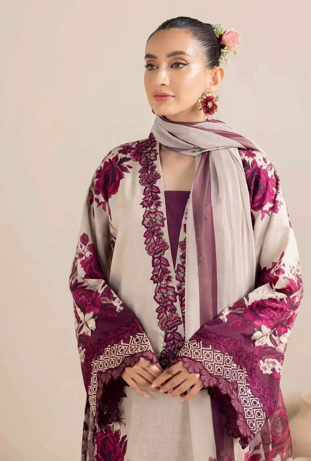 2 Pcs Women's Stitched Swiss Lawn Printed Shirt & Trouser Set