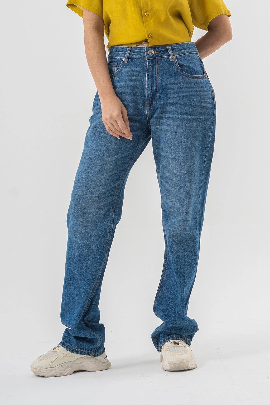 Straight Fit Blue Denim Pants in Mid Wash – Relaxed Everyday Style