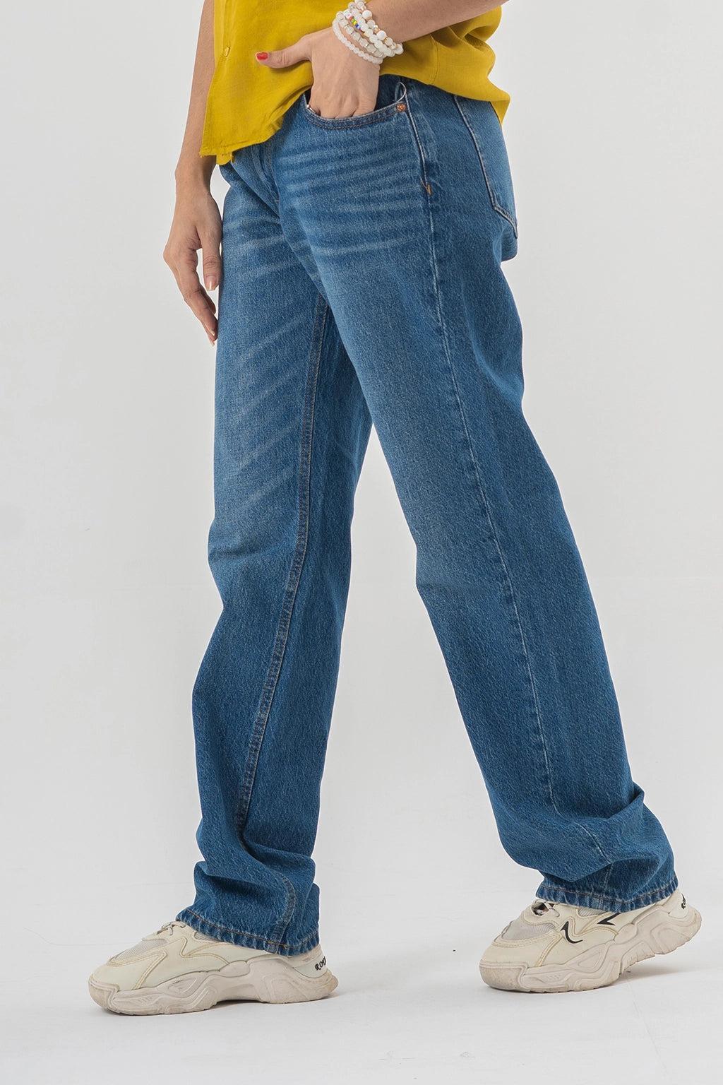 Straight Fit Blue Denim Pants in Mid Wash – Relaxed Everyday Style
