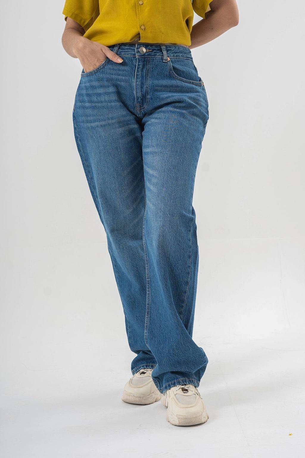 Straight Fit Blue Denim Pants in Mid Wash – Relaxed Everyday Style