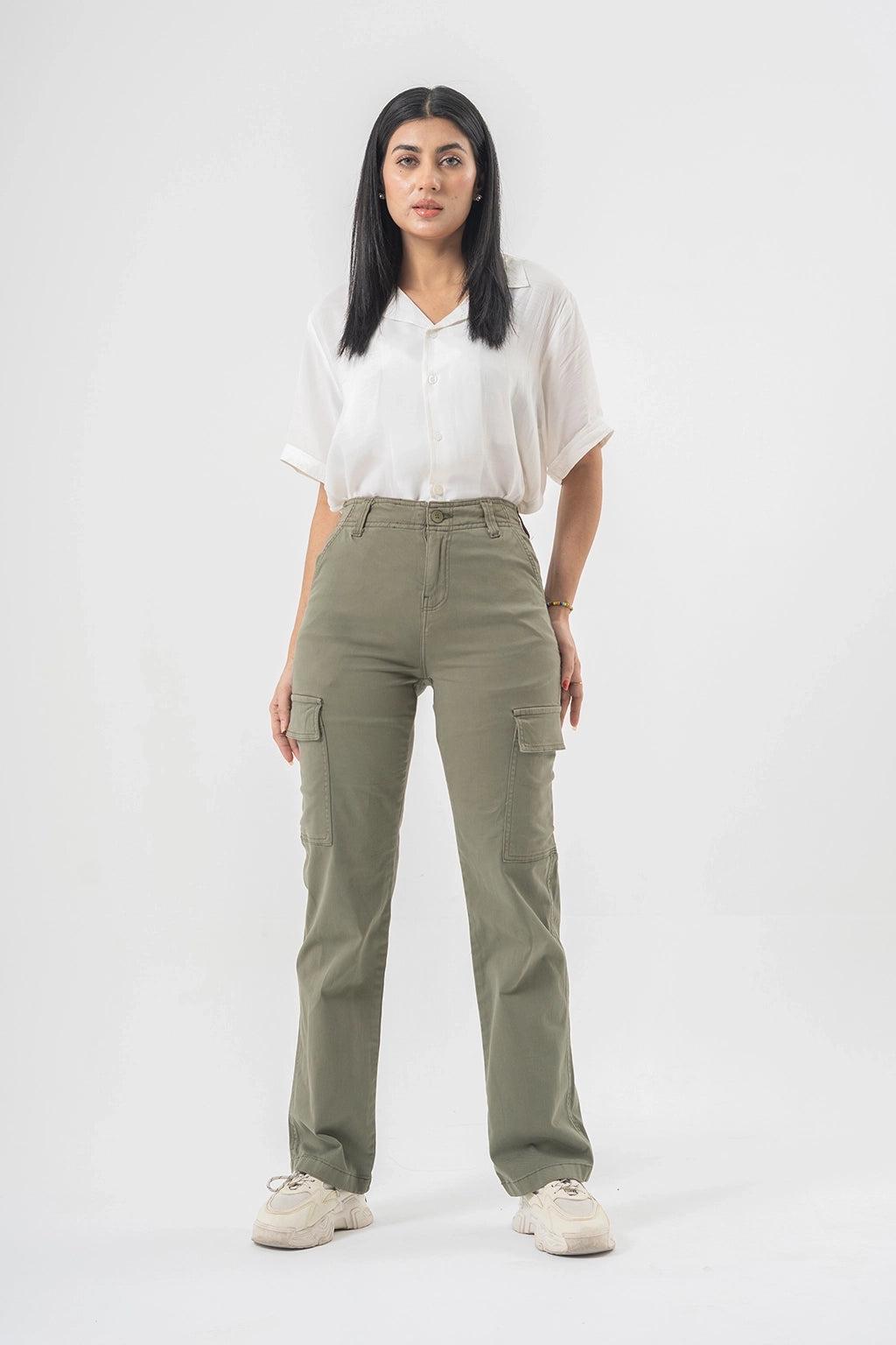 High Waist Olive Green Cargo Pants with Side Flap Pockets – Straight Fit Denim