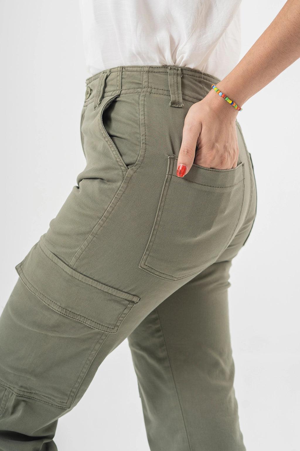 High Waist Olive Green Cargo Pants with Side Flap Pockets – Straight Fit Denim